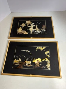 Paar Vintage Stroh Kunst Bilder Bambus Asiatisch - Bild 1 von 4