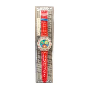 Orologio Swatch Vintage LILLIBETH SBK104 Quadrante Multicolore e Cinturino Pelle Rosso SAS608 - Foto 1 di 4