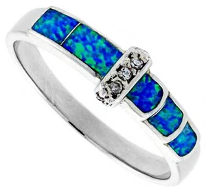 Fine Women Silver Rhodium Plated Simulated Opal Inlay Ring CZ Stone accents 4mm - Picture 1 of 1