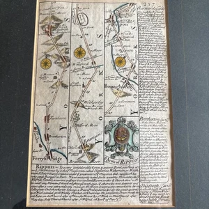 1720 Framed Hand-Coloured Road Map By Bowen Beautiful Rippon Yorkshire Fab - Picture 1 of 2
