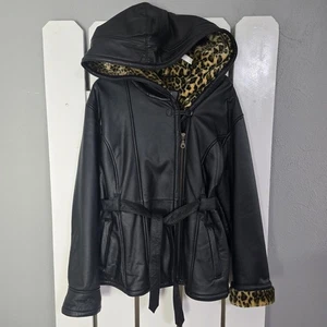 Wilsons Leather Leopard Fur Lined Hooded Jacket L Full Zip Belted Mob Wife Biker - Picture 1 of 9
