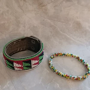 Vintage Boho Handmade Southwest Leather Tribal Seed Bead Wrap Cuff Bracelet Set - Picture 1 of 7