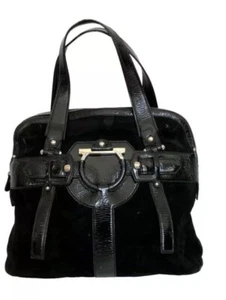 pre-love auth SALVATORE FERRAGAMO black suede/patent leather SATCHEL purse $2400 - Picture 1 of 11