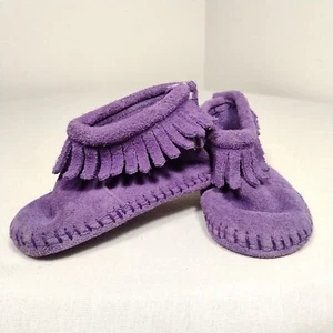 Minnetonka Moccasins 4 Toddler Leather Purple Fringe Western Native American - Picture 1 of 12