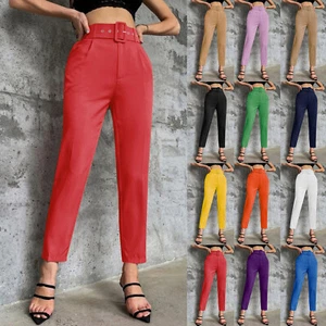 Women's High Waist Suit Pants Solid Casual Belted Crop Pencil Pants with Pockets - Picture 1 of 60