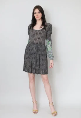 Mini Vestido Armonia Vintage Años 70 Damas Manga Campana Slinky Verde Púrpura Negro Foto 1 de 4