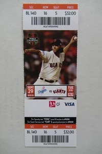 GIANTS VS DODGERS 9/29/2015 FULL TICKET ~ CLAYTON KERSHAW (WIN/13Ks) - Picture 1 of 1