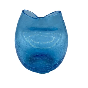 MCM Vintage Blenko Hand Blown Crackle Glass Ice Blue Pinched Double Vase 5" - Picture 1 of 11