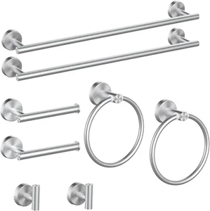 8 Piece Brushed Nickel Bathroom Hardware Set, 24Inch Bathroom Towel Bar+Towel Ri - Picture 1 of 9