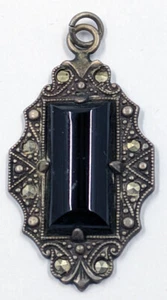 Vintage Antique Uncas Mark Sterling Onyx Marcasite Pendant Art Deco 15mmX 35mm - Picture 1 of 6