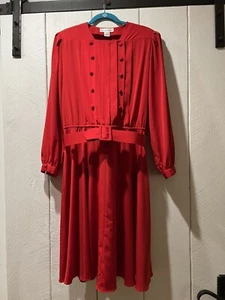 Vintage Hana Sung Belted Midi Length Elastic Waist Fit and Flare Red Dress 14 - Picture 1 of 9