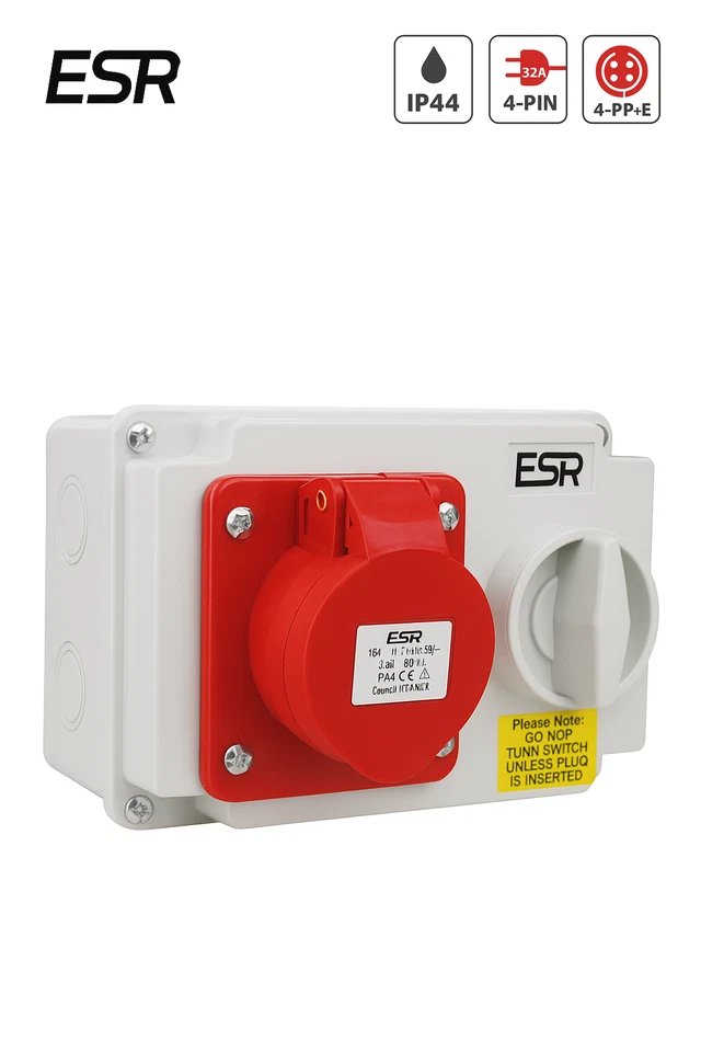 ESR Red 32 Amp 4 Pin Interlock Socket Switch 3p E Weatherproof Ip44 32a