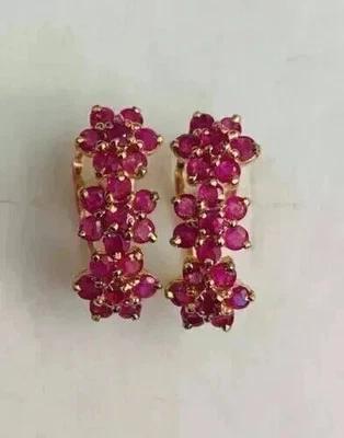 Red Ruby Women Huggie Hoop Earrings 14K Yellow Gold Plated2Ct Round Lab-Created - Image 1 of 4