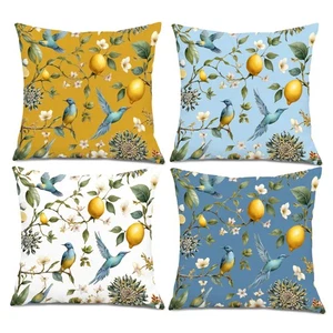 Rustic Yellow Fall Navy Blue Lemon Bird Floral Pillow Covers 18x18 Set of 4,V... - Picture 1 of 1