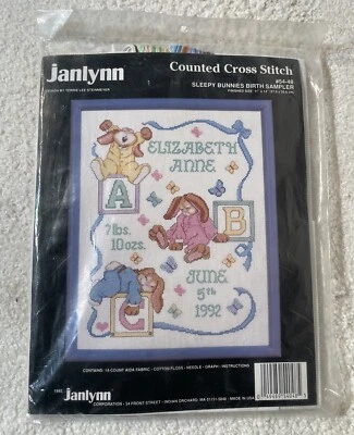 NOS VTG 1992 Janlynn Baby Birth Date Sampler Sleepy Bunnies Kit New Sealed - Image 1 of 4