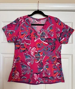 Vera Bradley pink butterfly multicolor scrub top, Small, pre-owned/ excellent - Picture 1 of 5