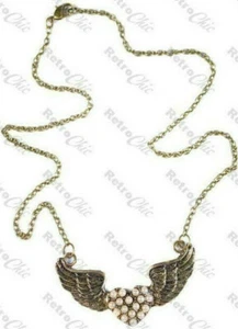 BIG PEARL LOVE HEART retro tattoo ANGEL WINGS NECKLACE vintage brass ROCKABILLY - Picture 1 of 3