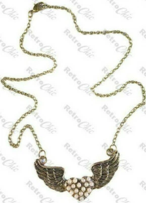 COLLANA ALI D'ANGELO GRANDE PERLA AMORE CUORE tatuaggio retrò vintage ottone ROCKABILLY - Immagine 1 di 3