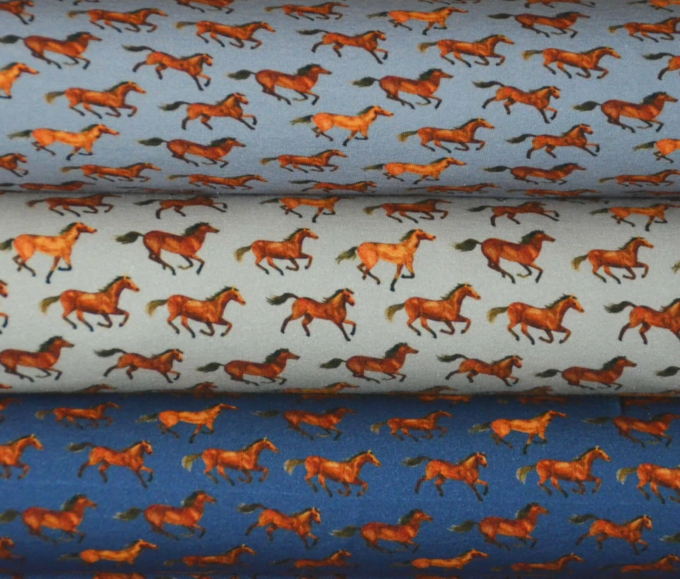 French Terry mit Pferd Pferden marine taupe grau 50 cm x 150 cm Stoff Nähen - Bild 1 von 1