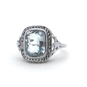 Art Deco 14k White Gold Natural Aquamarine Fleur de Lis Ring March Birthstone - Picture 1 of 8