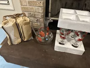 Hand-Painted Noble Excellence Crimson Bloom Pitcher 8 Glasses And Pitcher Set - Picture 1 of 4