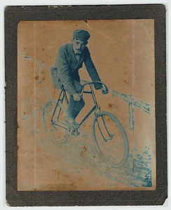 RARE Early Cyanotype Photo 1899 Glenn Curtiss on Bicycle Pre Motorcycle Airplane - Picture 1 of 2