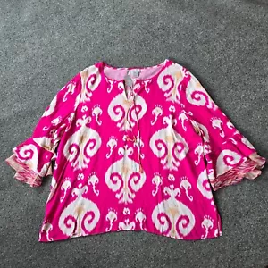 Chicos Top Womens Size 22 Pink Ikat Flare Sleeve V Neck Tassels Beachy Casual - Picture 1 of 11