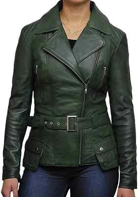 Stylish Women's Green Jacket Genuine Soft Lambskin Leather Motorcycle Biker - Image 1 of 4