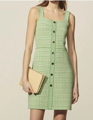 Sandro Lea Tweed Mini Dress in Green Organic Cotton Size 38/6US - Image 1 of 4