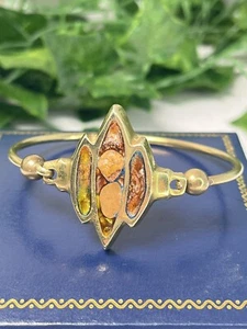 Vintage Hand Crafted Brass Stone Resin Mosaic Inlay Bangle Cuff Bracelet Boho - Picture 1 of 16