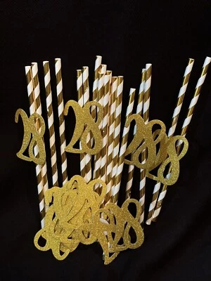 Pajitas de fiesta de papel a rayas doradas/blancas con oro brillante 28 Foto 1 de 4