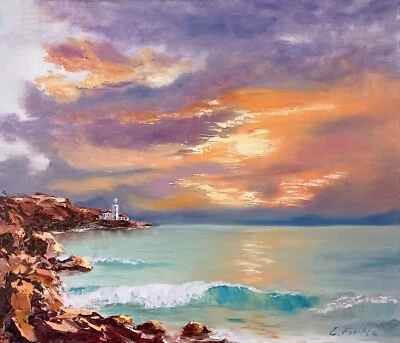 Ölmalerei Meereslandschaft 70x60 cm Leuchtturm Kunst Ölgemälde auf Leinwand - Bild 1 von 4