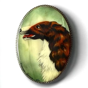 Broche de perro de bellas artes ruso Borzoi pintado a mano retrato prendedor vintage firmado - Imagen 1 de 10