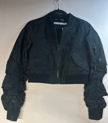 Blanc Noir Women’s Medium Cropped Jacket black Ruched Sleeve Y2K Retro old money - Image 1 of 4