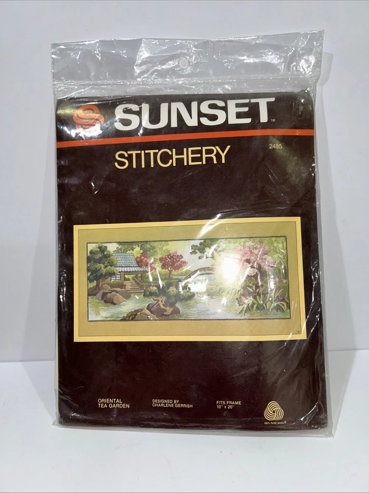 New VTG Sunset Stitchery Crewel Embroidery Kit Oriental Tea Garden #2485 1982 - Image 1 of 4