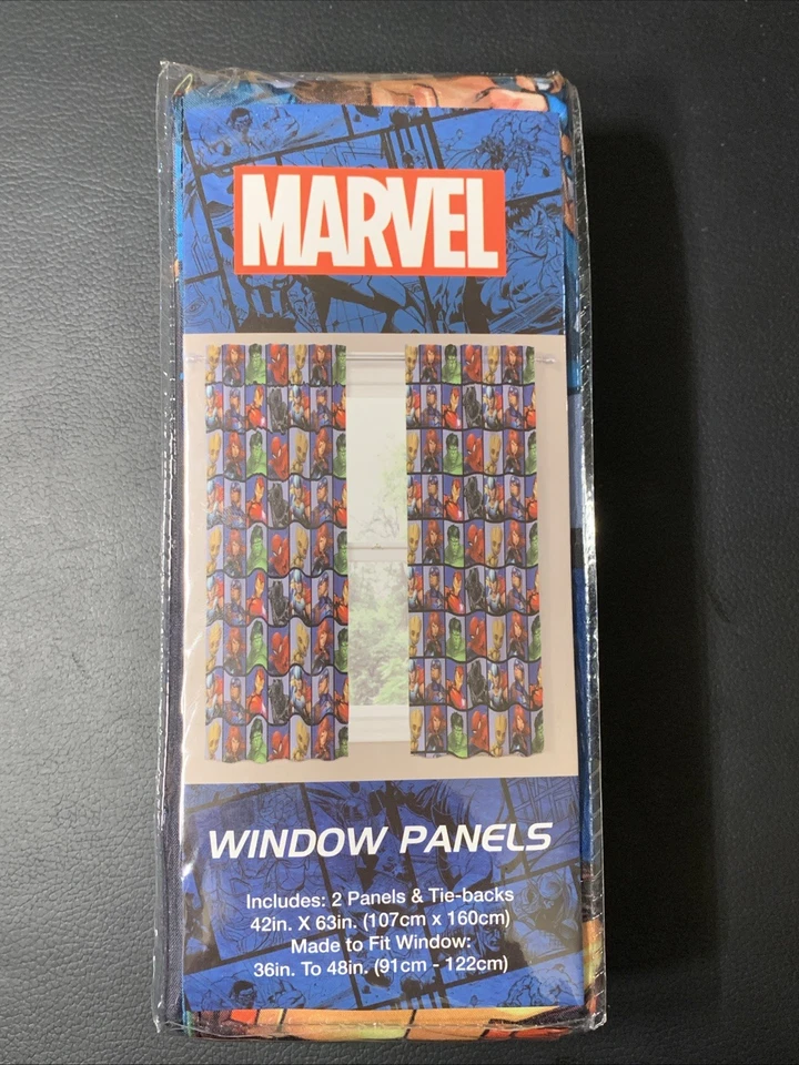 Marvel Window Curtains with 2 Panels and 2 Tiebacks Hulk Spiderman Ironman