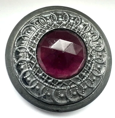 Antique collectible white metal "GAY NINETIES" Jeweled button ~Purple stone~A5 - Image 1 of 3