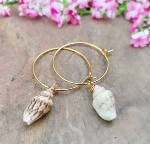 Natural Shell Gold Plated Threader Hoop Earrings Seashells Handmade BOHO - Picture 1 of 4