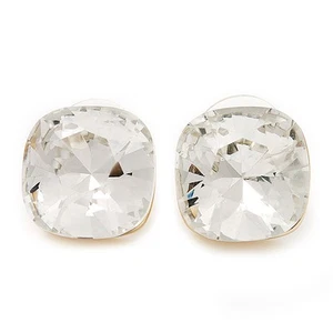Square Clear Glass Stud Earrings In Gold Finish - 15mm In Diameter - Picture 1 of 5