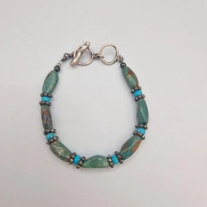 Moss Agate & Sterling Silver Beaded Bracelet Green Blue - Picture 1 of 4