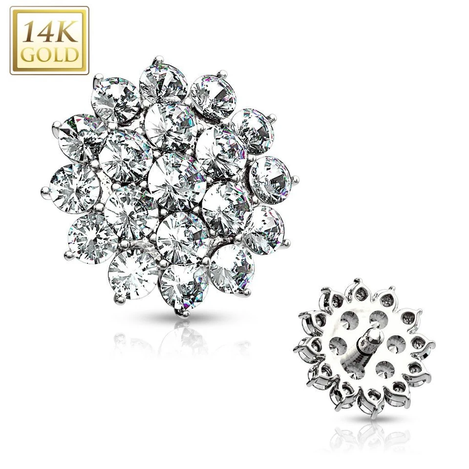 Piercing Microdermal Oro Bianco 14 Carati Fiore Pavé Di - Immagine 1 di 1