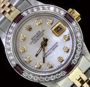 Rolex Ladies Datejust Oyster Stainless Gold Diamond Ruby Dial Bezel Watch - Picture 1 of 12