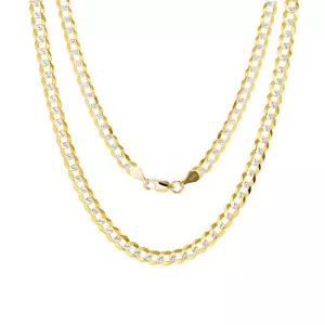 14K Yellow Gold 5mm Solid White Pave Diamond Cut Curb Cuban Chain Necklace 18" - Picture 1 of 11