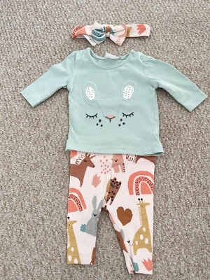 Baby Girls NEXT First Size Trouser Set Outfit Matching Headband Animals GC - Image 1 of 4