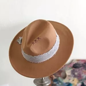 Bohemian Taupe Women Adjustable Fedora hat embellished with raw fabric One Size. - Picture 1 of 8