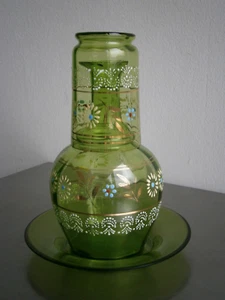 Service de nuit Cristal soufflé vert 1900 décor Verrerie émaillé Ancien - Bild 1 von 10
