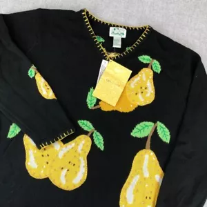 NEW Vintage Quaker Factory QVC Sweater Pears Womens Large Black V Neck Knit - Picture 1 of 9