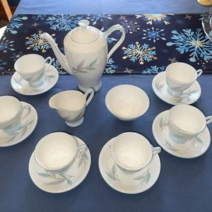 Mid Century 15 Pc Royal Standard Bone China Coffee Pot Set Turquoise Leaf 2417t - Picture 1 of 14