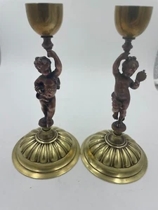 Petite Pair of Figural Bronze and Copper Vintage Candelsticks - Picture 1 of 8