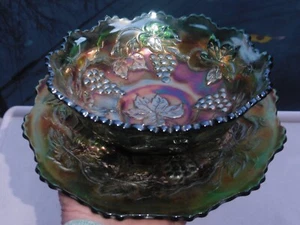 Dugan VINTAGE VARIANT Grape Leaf Green Base CARNIVAL GLASS BOWL & UNDER PLATE - Picture 1 of 10
